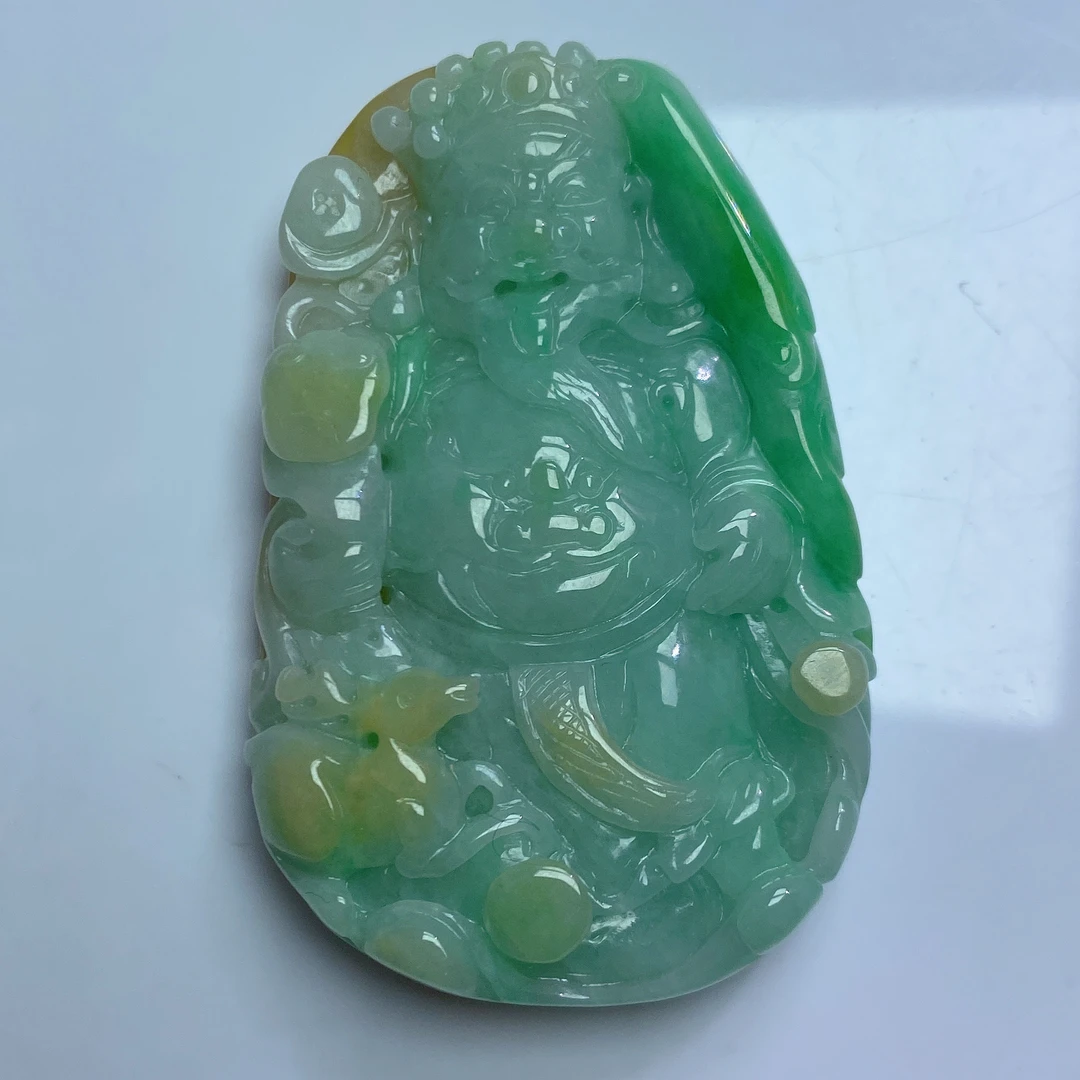 翡翠黄加绿财神爷吊坠