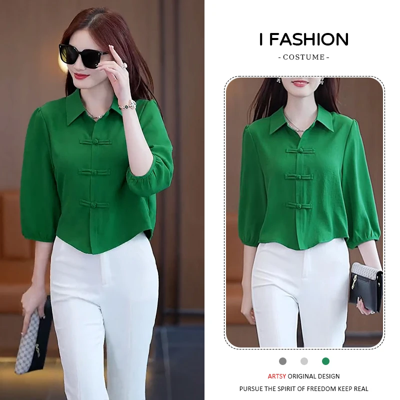 早春时尚宽松百搭衬衣2025年春秋气质七分袖遮肚子盘扣上衣女小衫