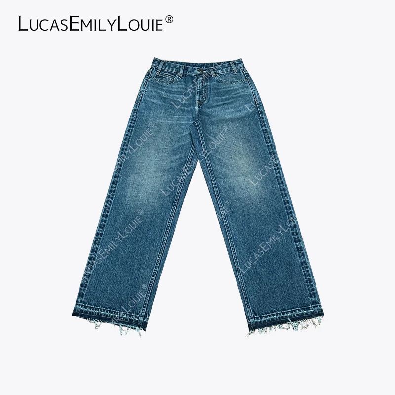 LUCASEMILYLOUIE 复古休闲拆边水洗毛边直筒牛仔裤2510132