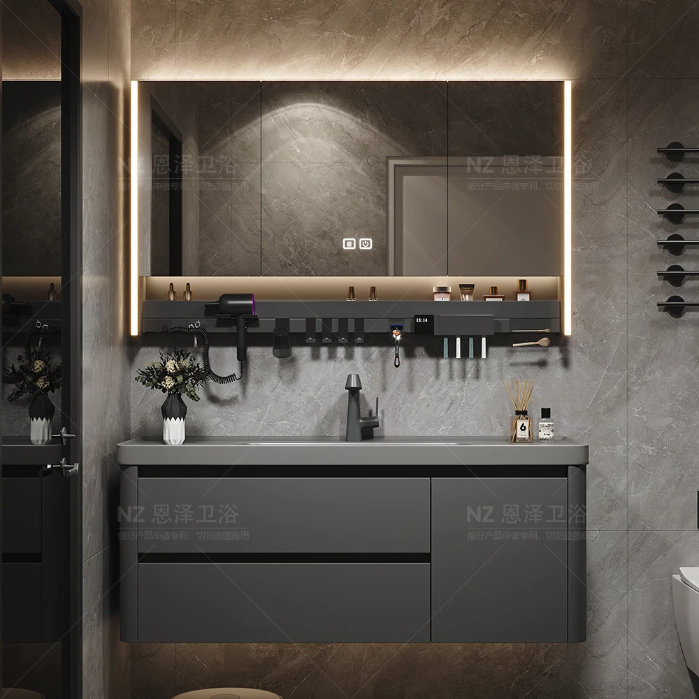 圆角微晶石一体盆现代卫生间洗漱台洗手洗脸盆浴室柜组合镜柜