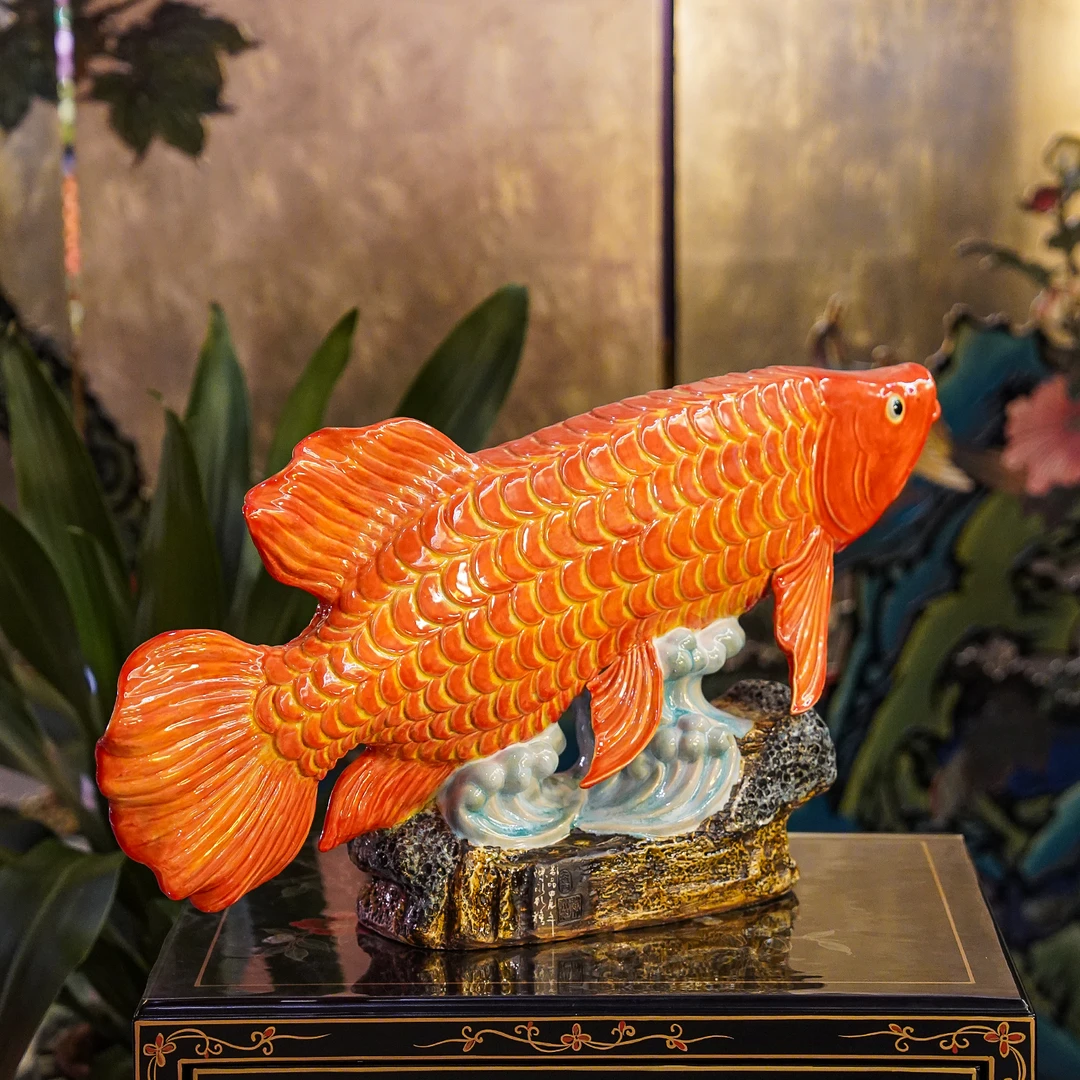 【618】AM39非遗手工石湾陶大号金龙鱼《年年有余》装饰玄关摆件