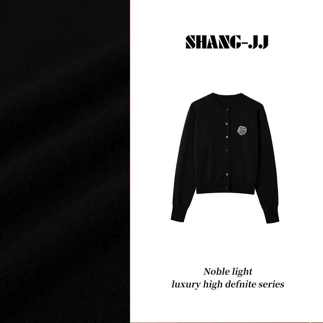SHANG-JJ【黑色山茶花】24秋冬新品羊毛高支高密澳钻开衫q133246p
