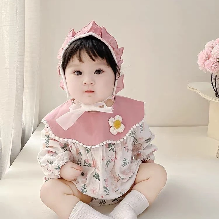 春秋ins风长袖棉婴幼童连体衣女宝百日三角包印花屁娃娃领爬爬服