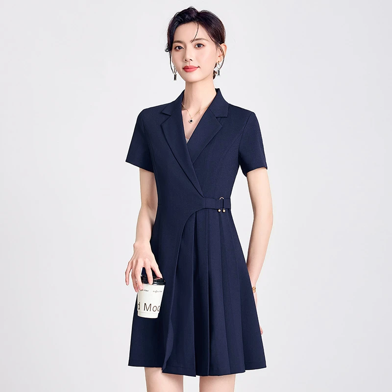 藏青色短袖西装连衣裙女夏季职业气质美容院前台工装珠宝店工作服