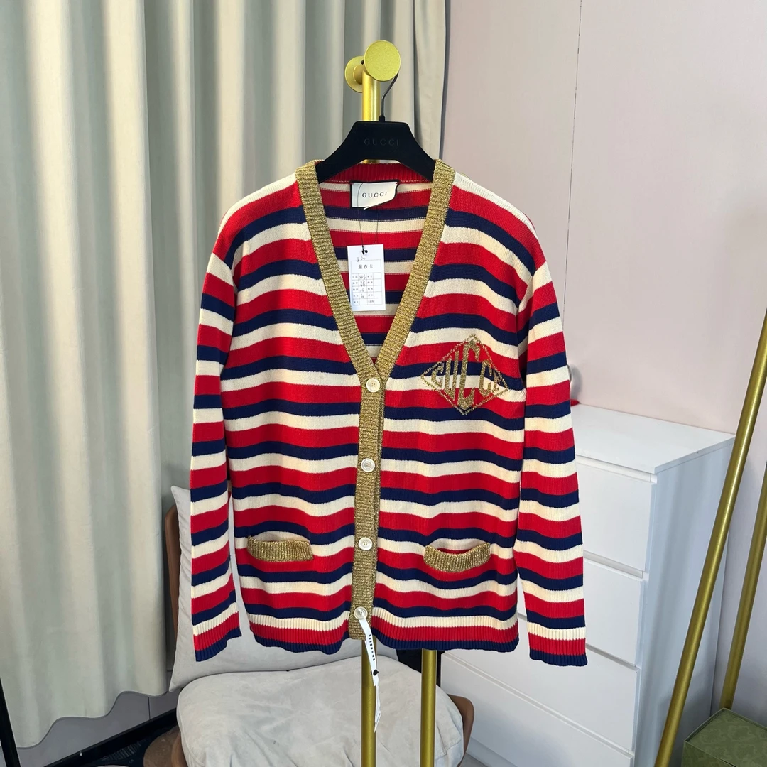 99新 GUCCI/古驰 白红条纹logo开衫 xxs码