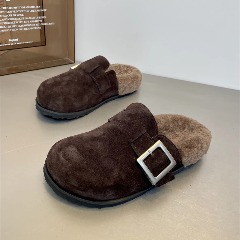 欧洲站欧货潮复古美拉德磨砂皮懒人一脚蹬包头半拖鞋女毛毛勃肯鞋