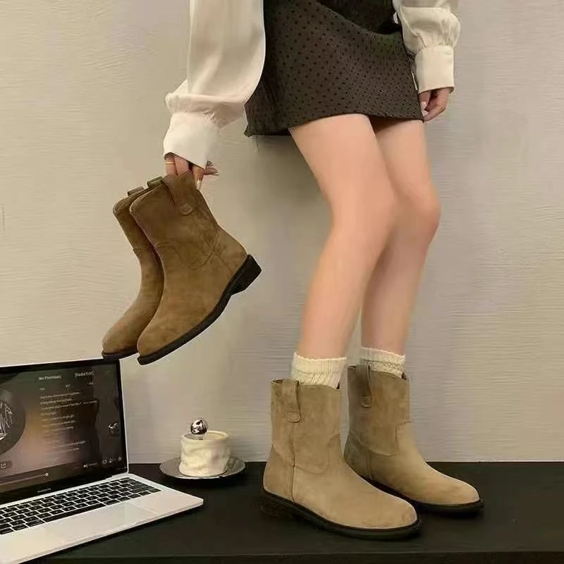 秋冬新款简约粗跟裸靴短靴807(不加绒)（绒面短靴）