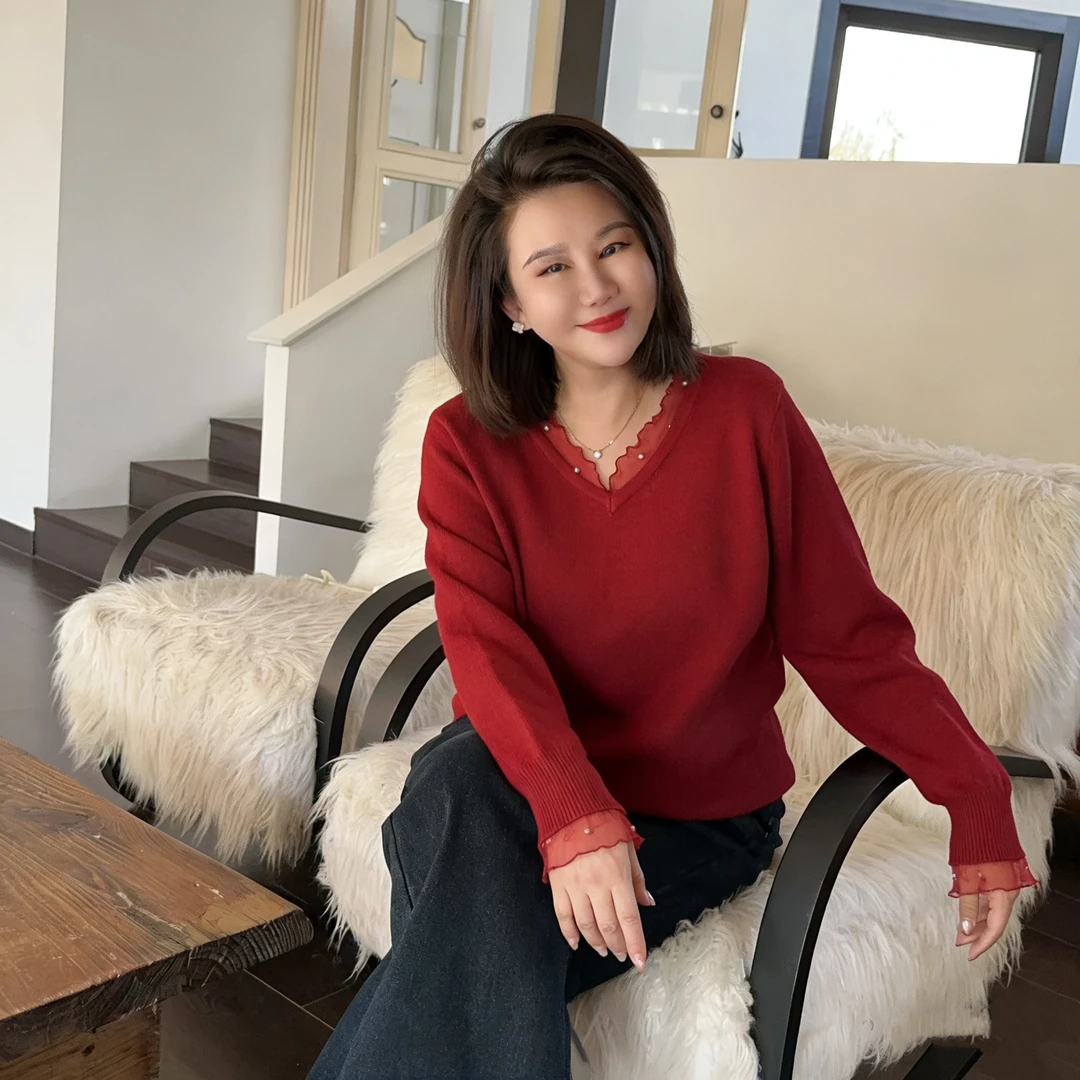 微胖女装【红妆女神】珠珠拼接网纱V领毛衣打底上衣冬季高级感871