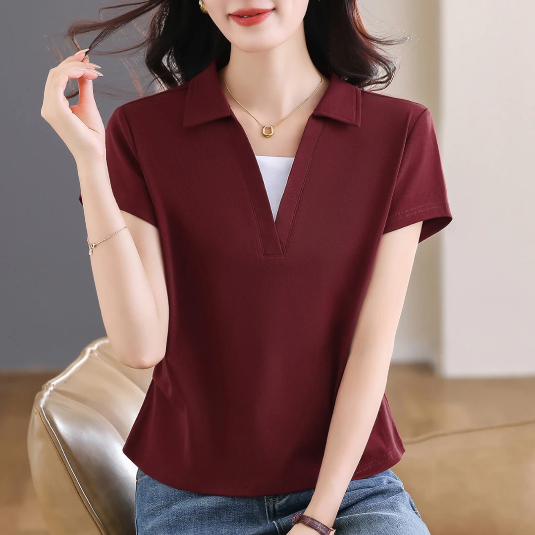 正肩翻领短袖t恤女2025新款爆款洋气时尚女士POLO领上衣v领半袖