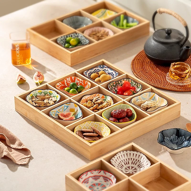onlycook竹木陶瓷干果盘客厅茶几水果盘零食瓜子摆放盘火锅备菜盘