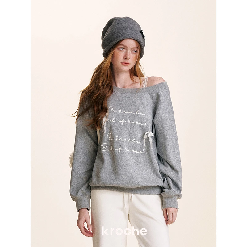 【梦一专属】Kroche bowknot 斜肩设计 撞色蕾丝毛线绣暖芙绒卫衣