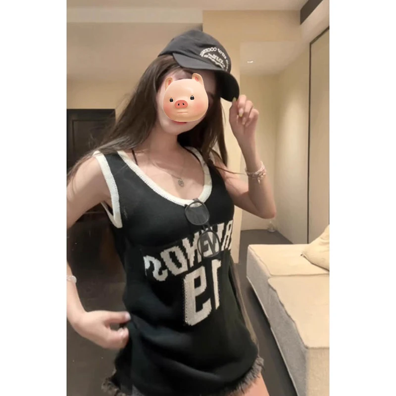黑色字母U领冰丝针织吊带女夏季外穿宽松无袖篮球服运动背心上衣