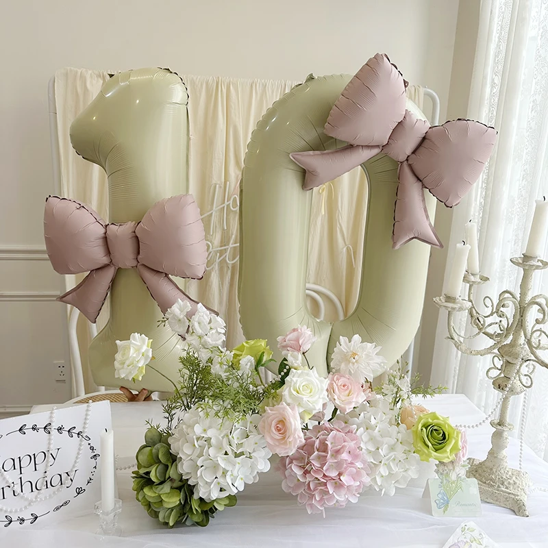 新款蝴蝶结40寸奶油色数字生日派对场景装饰拍照氛围道具铝膜气球