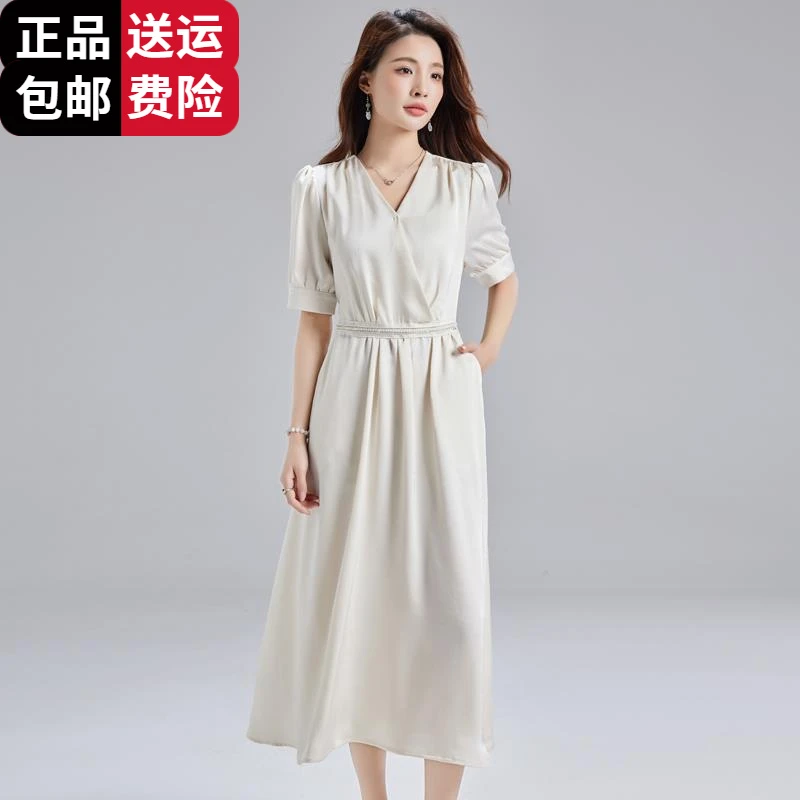 工厂直销百搭高级感垂感冰丝纯色连衣裙高腰系带显瘦长款收褶