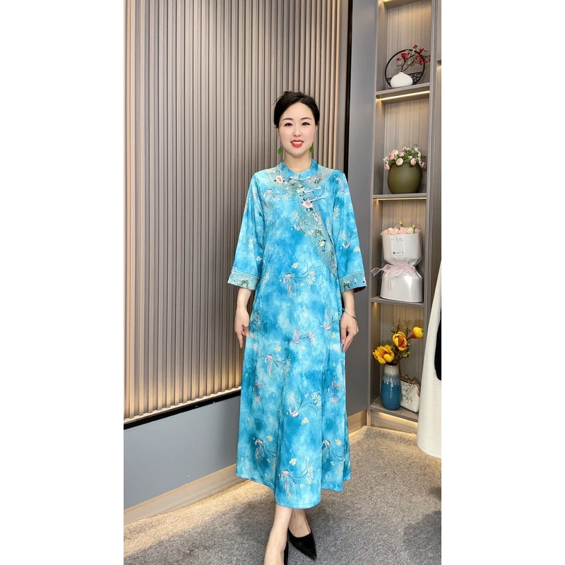 兰山YJ5839妈妈装新中式国风盘扣优雅气质复古遮肉刺绣连衣裙