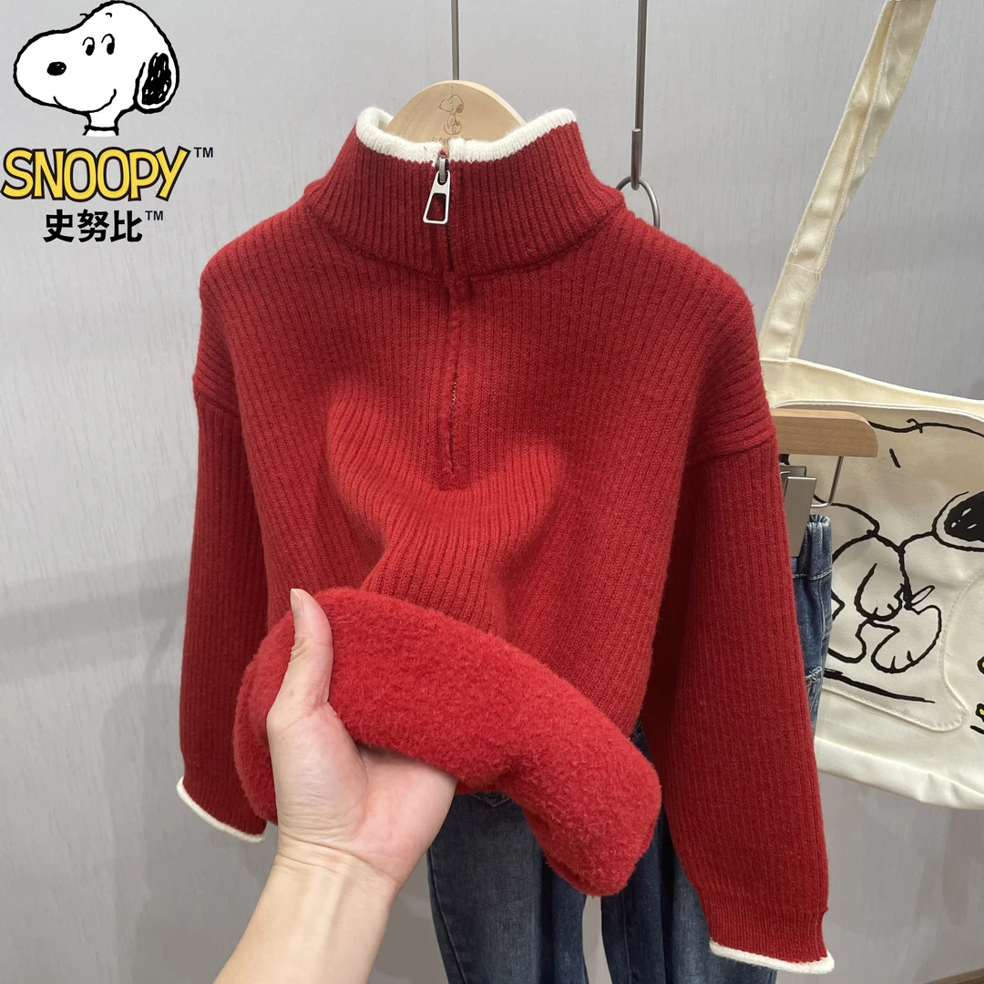 Snoopy/史努比儿童加绒红色毛衣男童针织衫时尚洋气冬季线衣潮