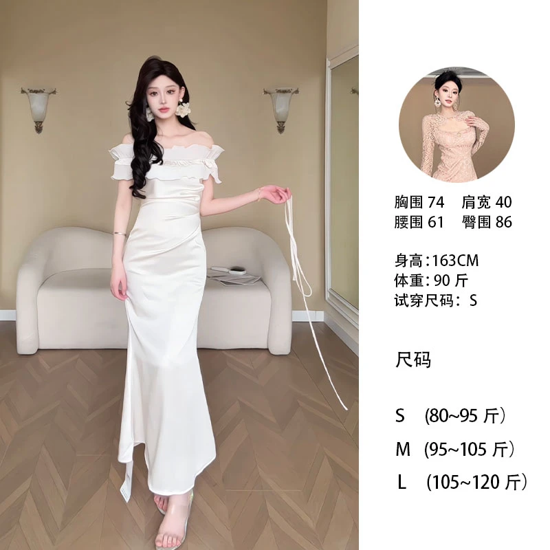 xx/E230 0802-1【Yy】露肩袖常规连衣裙套头设计感连衣裙性感长裙女