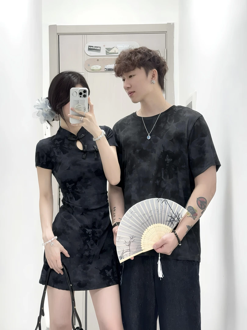 情侣装夏季扎染新中式潮流修身连衣裙网红短裙复古短袖一裙一衣