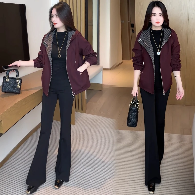 时尚连帽短外套女2025秋季新款洋气显瘦格子拼接百搭休闲夹克上衣