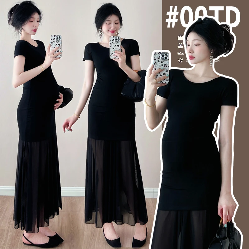 孕妇装新款辣妈针织拼接网纱孕妇连衣裙时尚显瘦孕妇裙