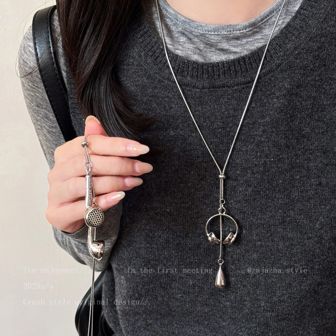 钛钢项链 银色水滴形耳机长款项链女小众吊坠毛衣链挂绳配饰A12