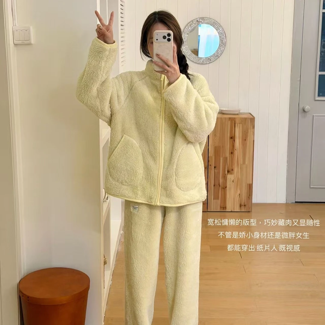 女款立领加绒加厚保暖珊瑚绒睡衣家居服套装秋冬季可外穿