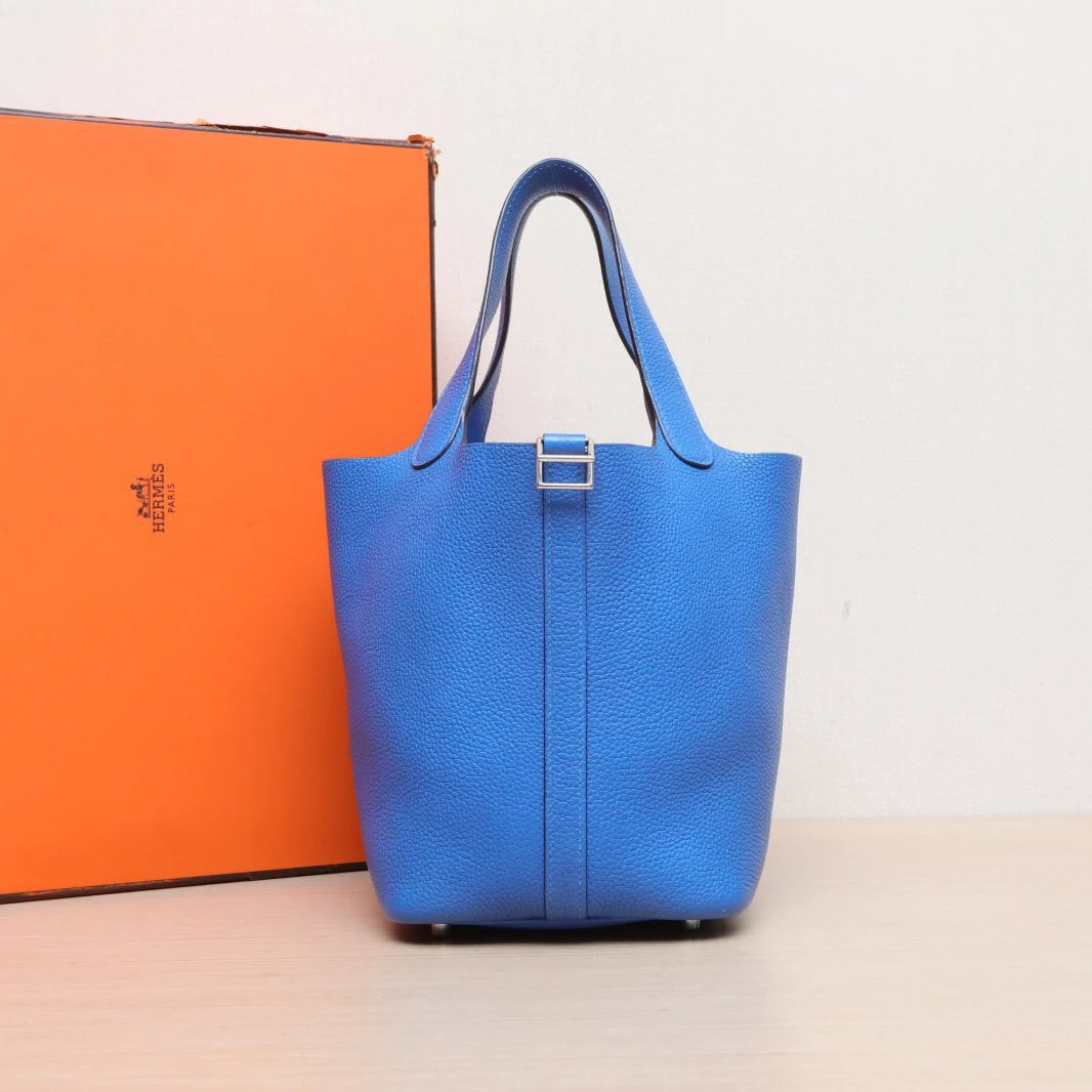 95新 Hermes/爱马仕 【黑黑】菜篮子 希腊蓝 D刻 276264