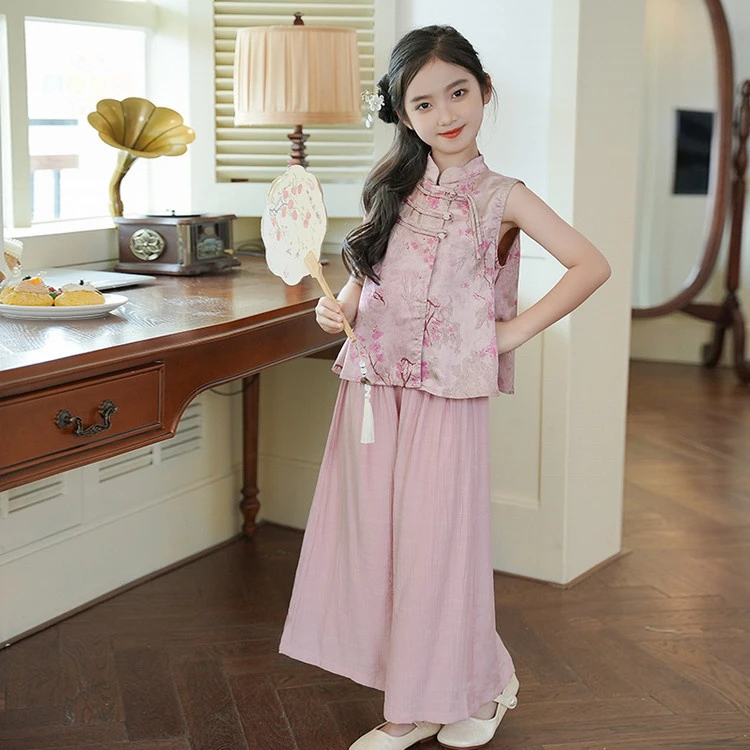 2025新款夏季女童粉色时尚刺绣马甲阔腿裤两件套洋气百搭