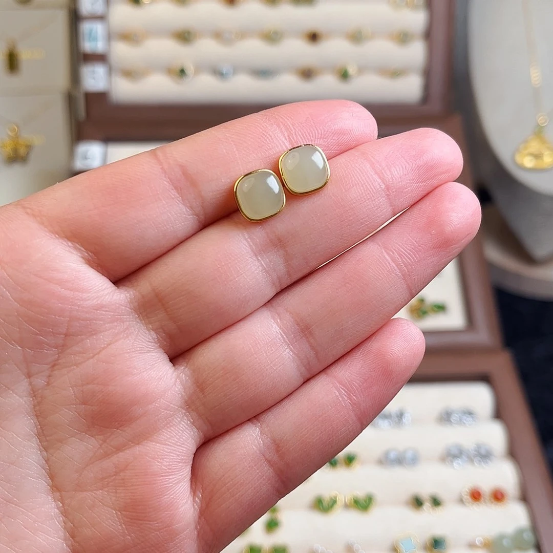 和田玉耳饰银S925镶嵌