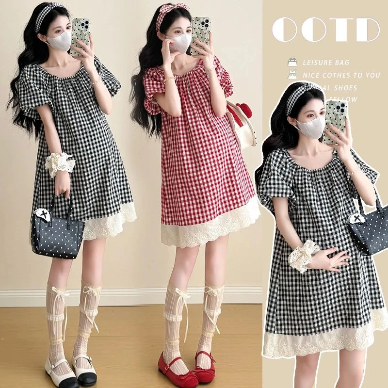 2025夏季孕妇新款韩系显瘦宽松百搭休闲格子泡泡袖中裙外穿连衣裙