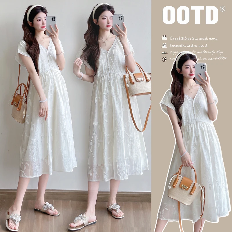 孕妇装2025夏季新款韩版显瘦甜美刺绣宽松气质孕妇中长款连衣裙