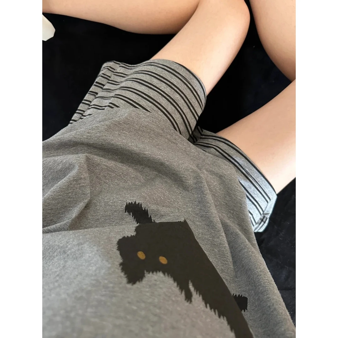 【灰色猫咪】韩版甜美条纹睡衣女夏季新款大码短袖短裤套装家居服