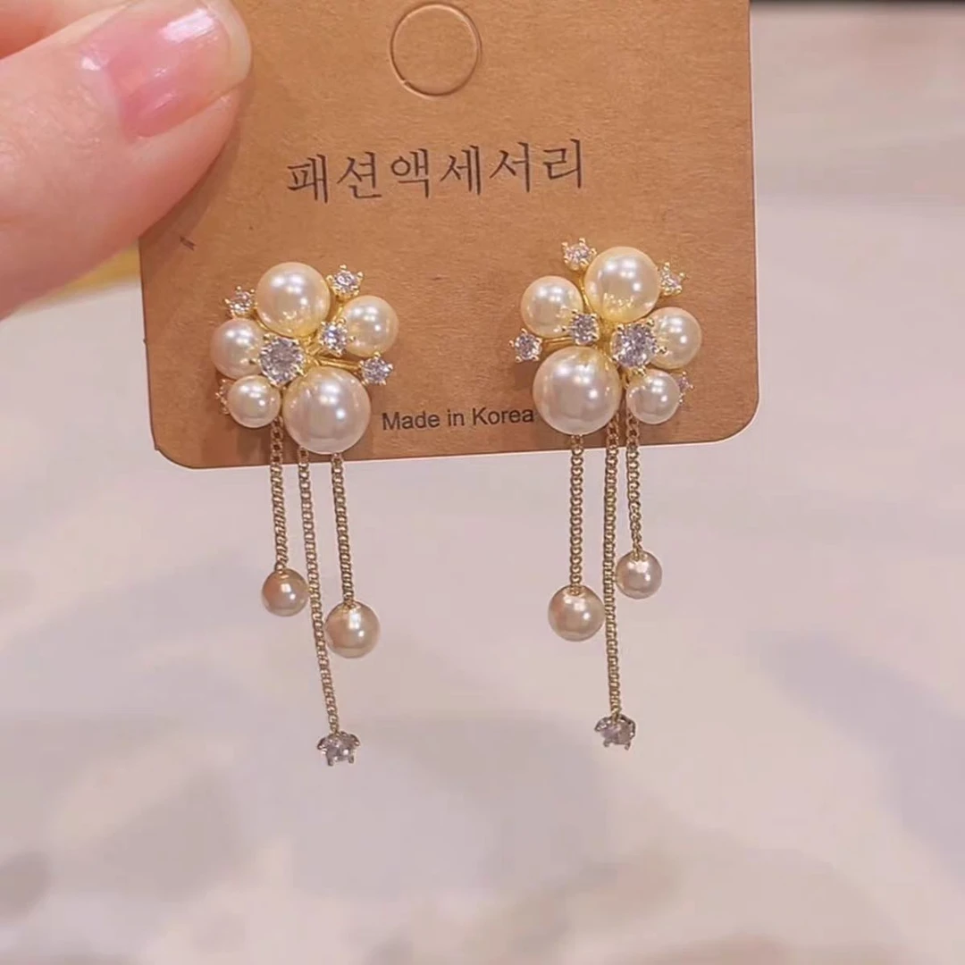 精致温柔锆石珠珠流苏耳钉气质百搭高级感耳环轻奢时尚显脸瘦耳饰