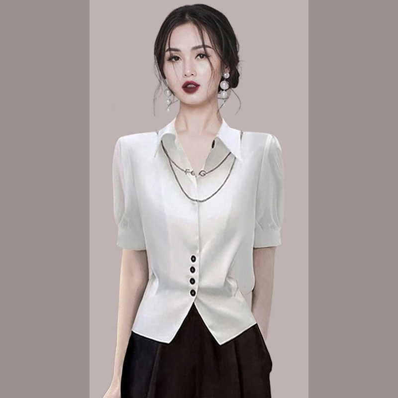 法式复古撞色衬衫女夏季新款2025年短袖收腰小个子衬衣