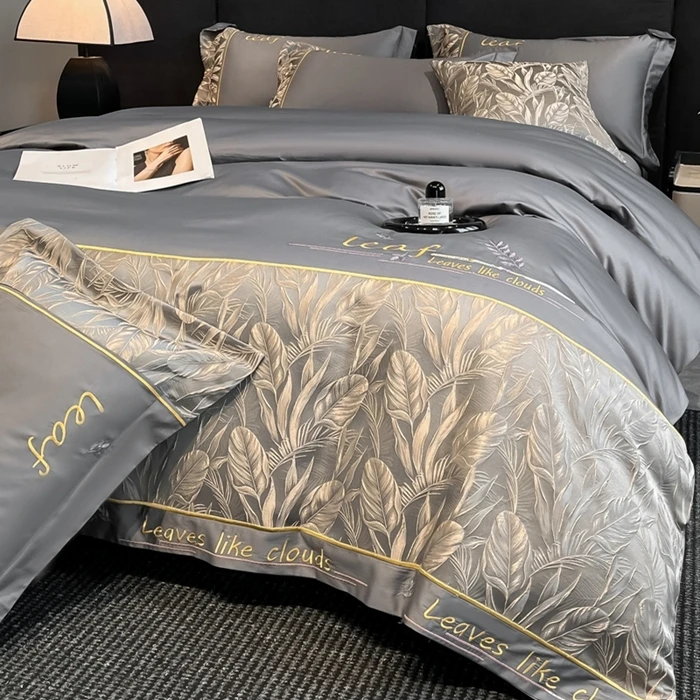 水星家纺适用2025春夏新款浮雕刺绣亲肤棉四件套亲肤透气可裸睡