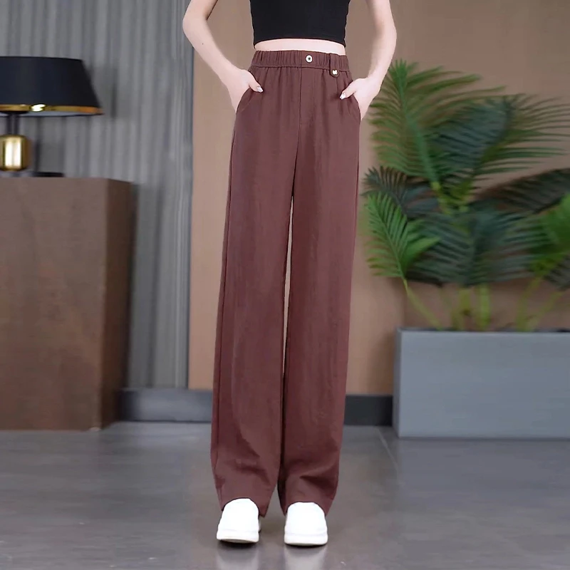 冰丝亚麻阔腿裤女夏季薄款2025新款高腰宽松显瘦垂感直筒休闲裤子