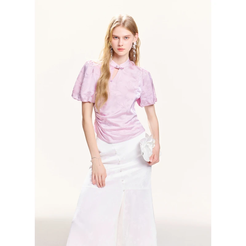 可可尼cocoon新中式雪纺衫2025春夏新款紫色肌理感提花泡泡袖上衣