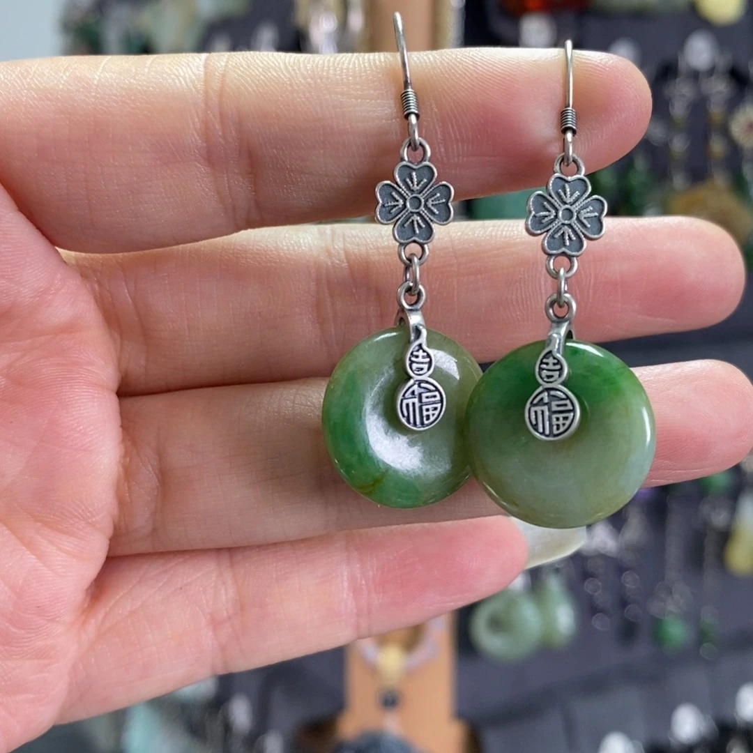 翡翠耳饰银S925镶嵌耳坠