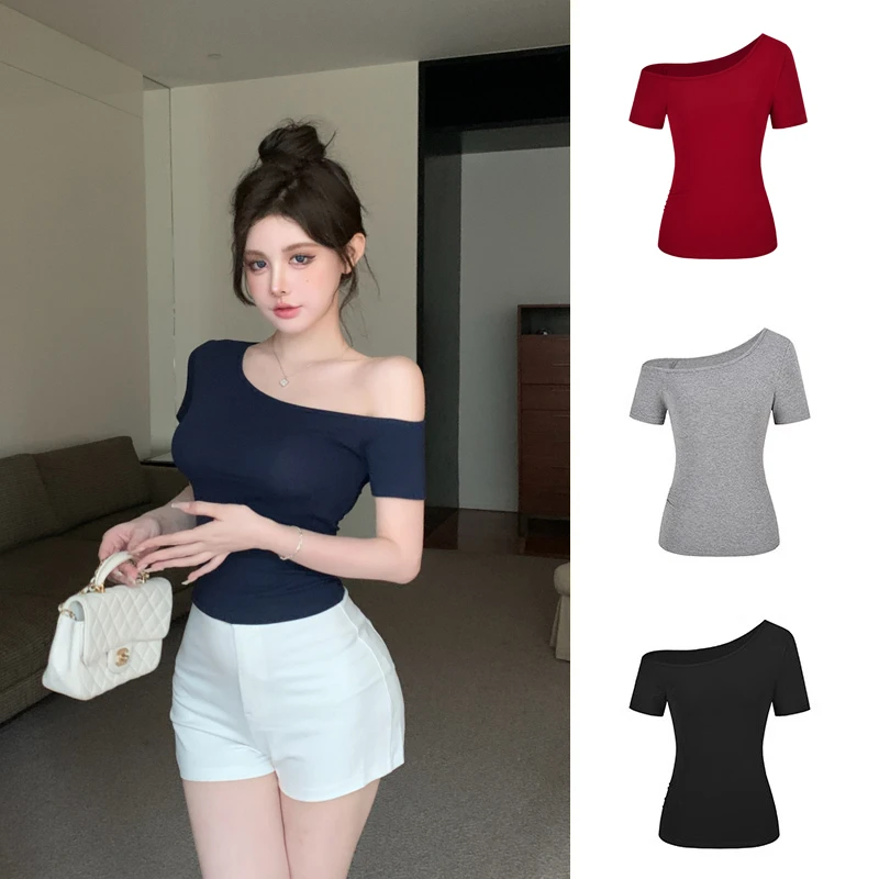 辣妹风设计感露肩短袖T恤女夏季ins性感复古修身显瘦斜肩短款上衣