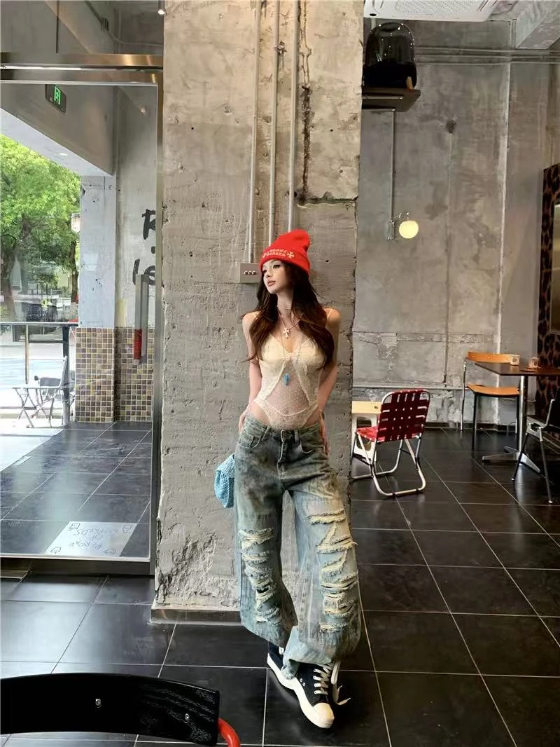 夏季新款蕾丝吊带背心连体衣性感辣妹上衣高街复古宽松破洞牛仔裤