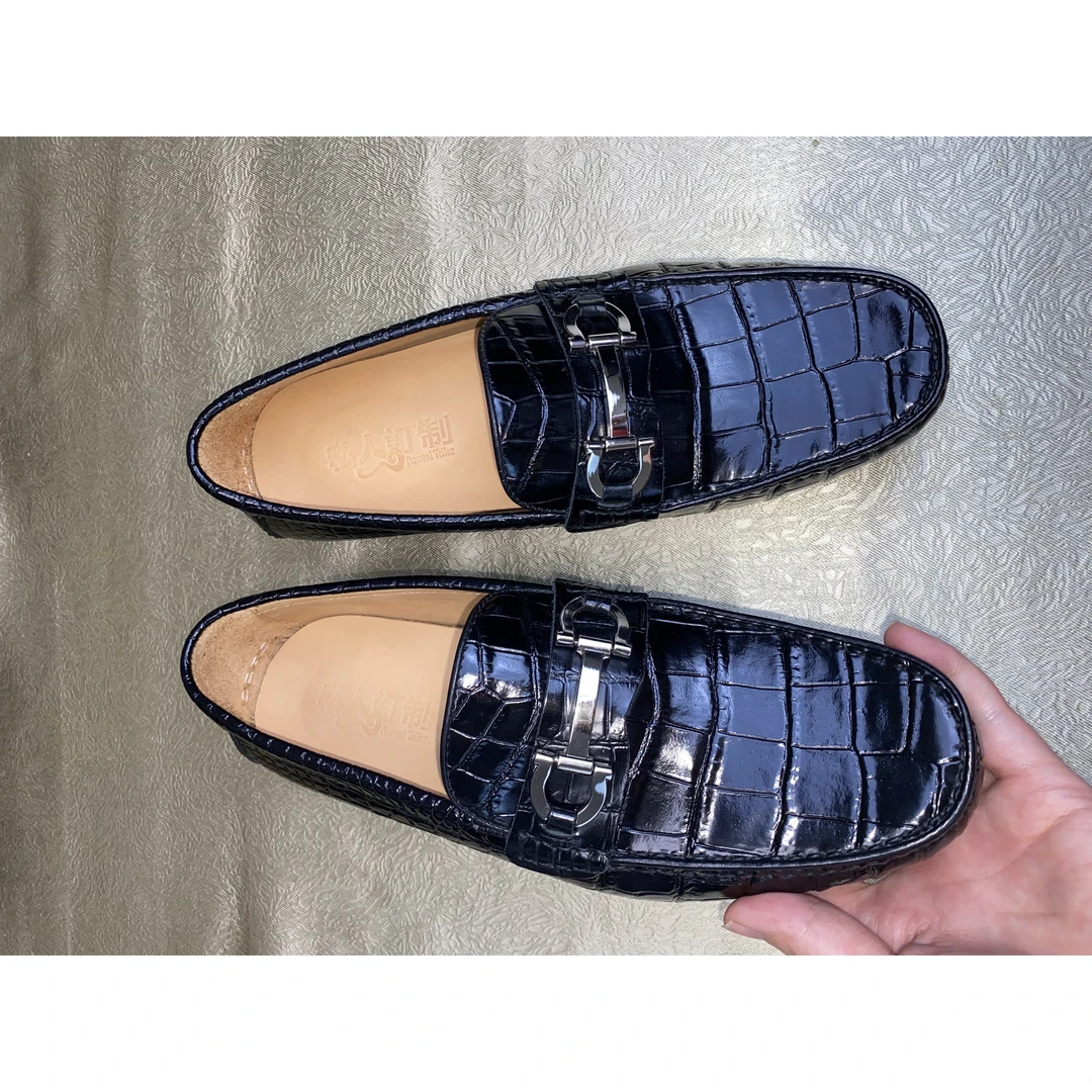 鳄鱼皮真皮豆豆鞋男休闲开车鞋百搭时尚舒适夏季黑色经典潮流