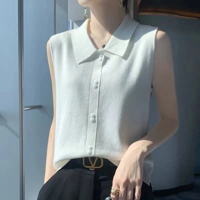 亲肤手感！精纺羊毛简约百搭单排扣polo领套头针织背心女秋冬打底