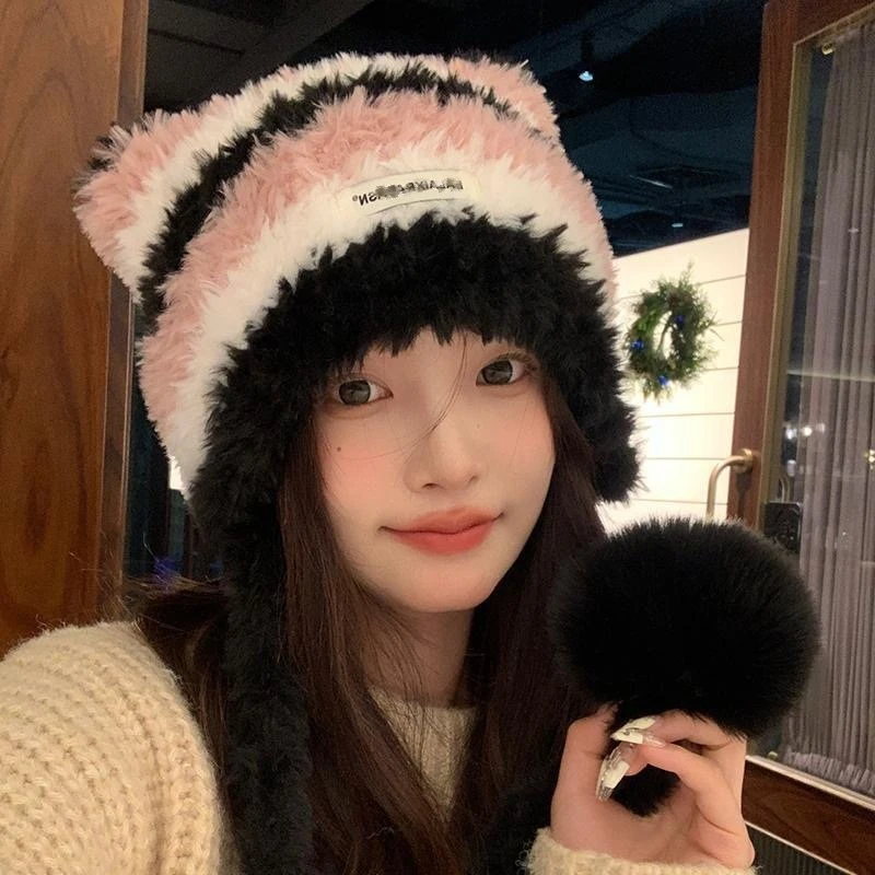 无檐冬季可爱猫耳朵帽子女毛绒帽女生百搭护耳针织帽保暖加厚毛线
