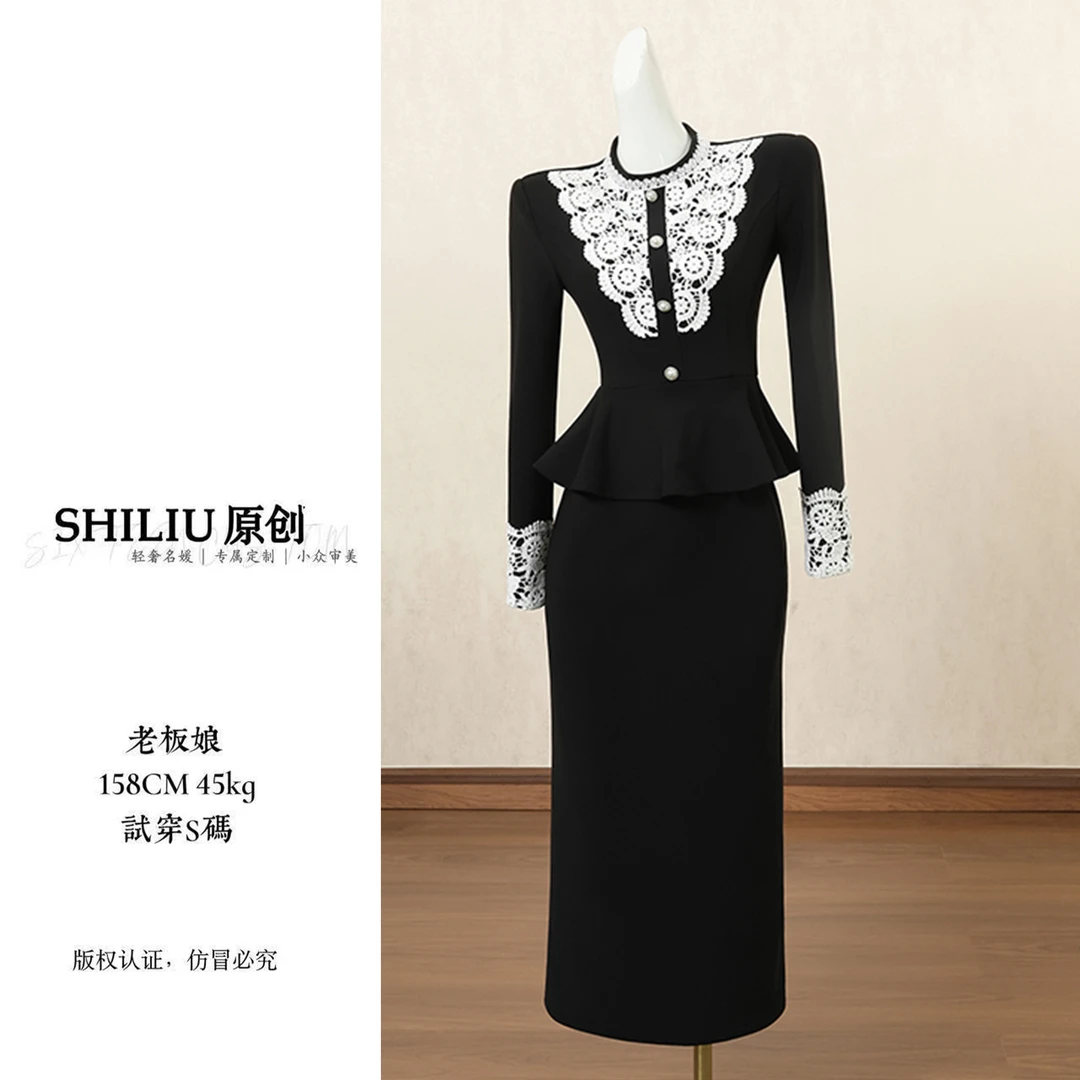 【十六定制】法式黑色时尚气质感圆领轻奢小众连衣裙45442