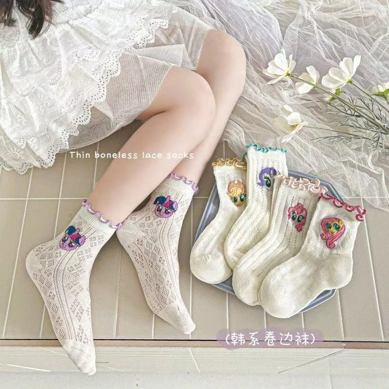 夏季薄款小马宝莉女童袜子儿童公主花边袜彩虹小马棉袜春夏中筒袜