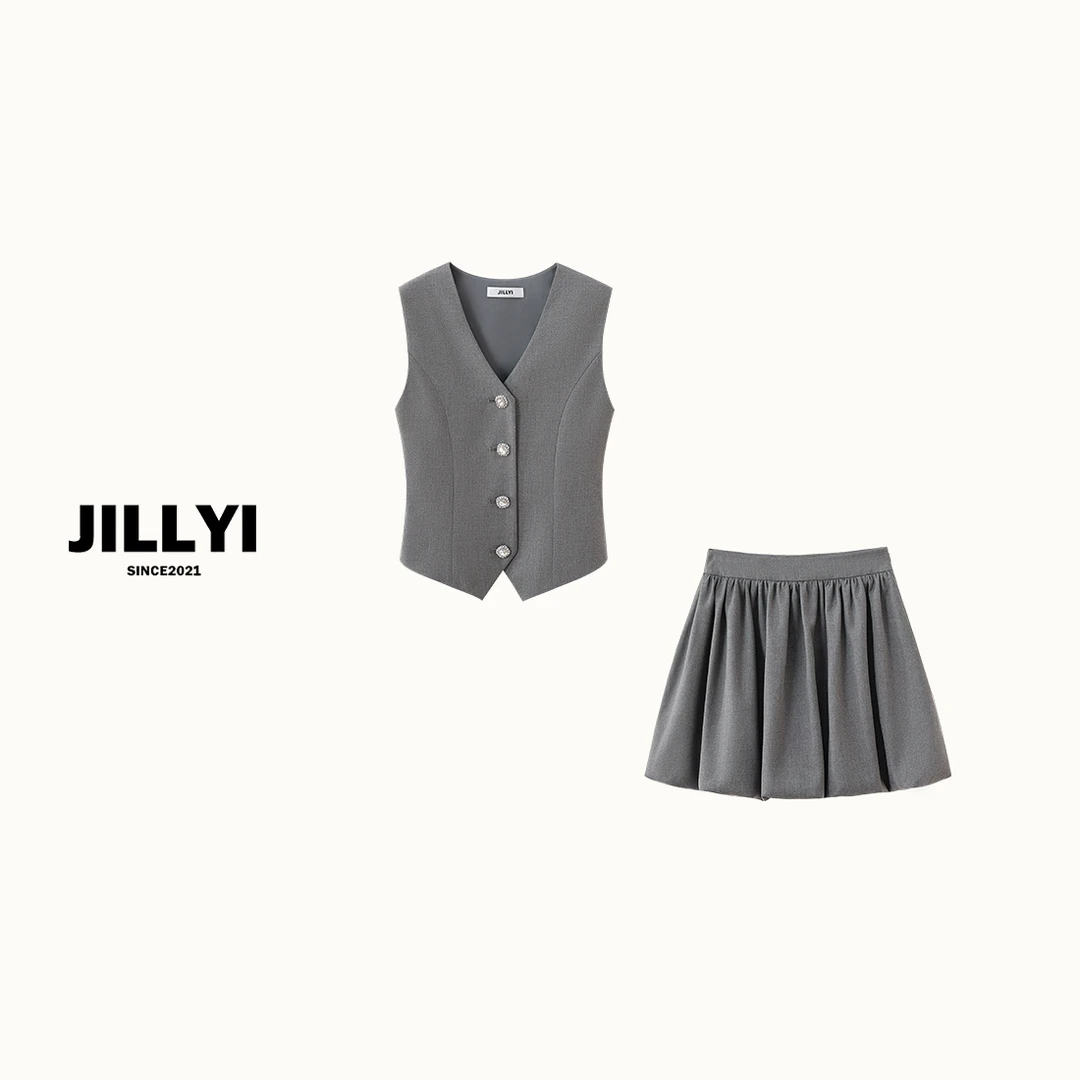 JILLYI珠海店【钻石灰烬】灰色V领西装款气质时尚套装