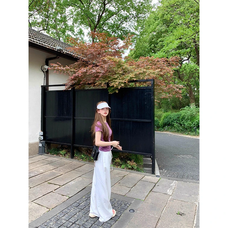 2025秋夏季新款修身显瘦正肩短袖上衣休闲宽松简约百搭直筒长裤女