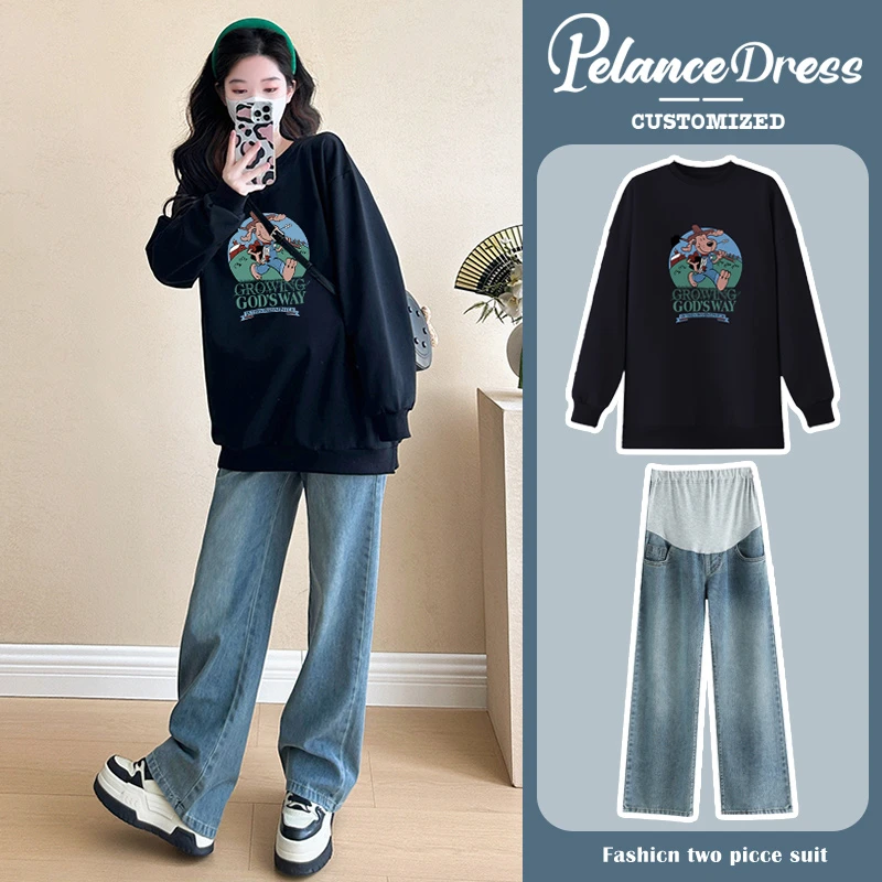 孕妇装秋季2025新款秋冬时尚休闲大码遮肚卫衣牛仔裤女穿搭秋冬装