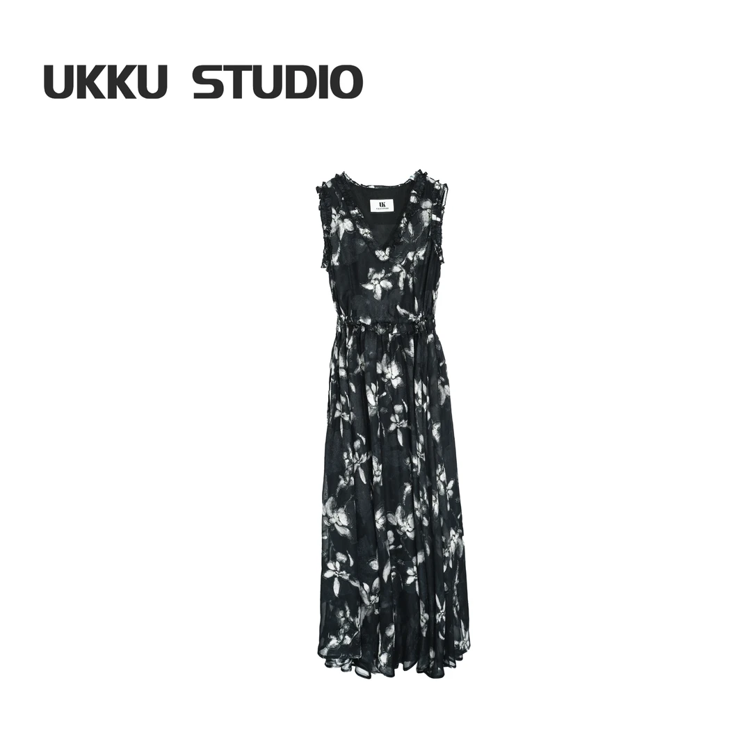 UKKU | 连衣裙「major」法式花影印花V领蕾丝连衣裙长裙913861
