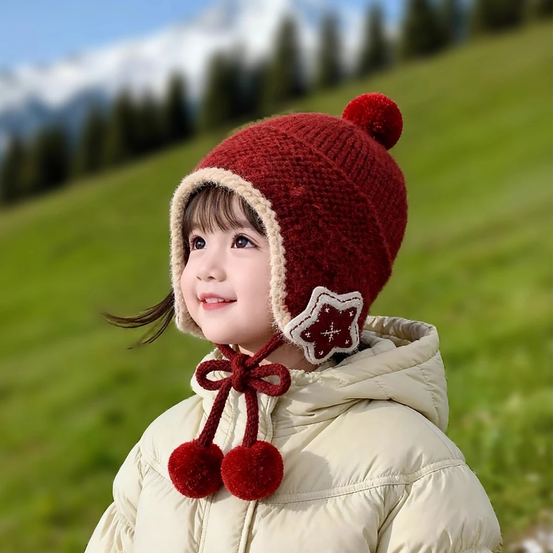宝宝帽子护耳帽冬季韩版红色喜庆加厚新年帽婴幼儿保暖套头毛线帽